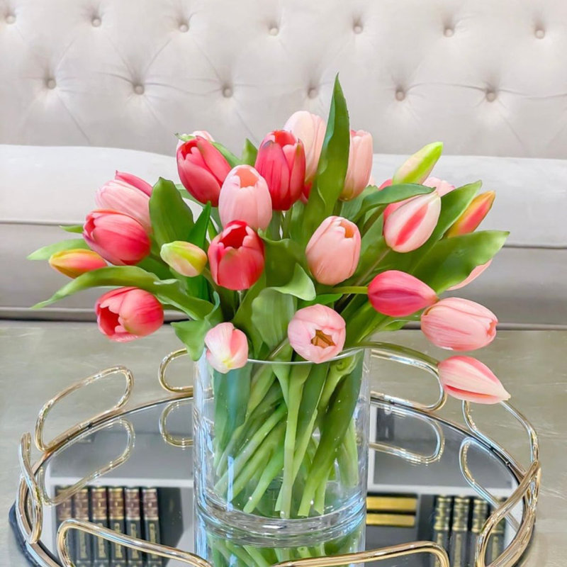 Primrue Real Touch Faux Tulip Arrangement In Glass Vase Wayfair